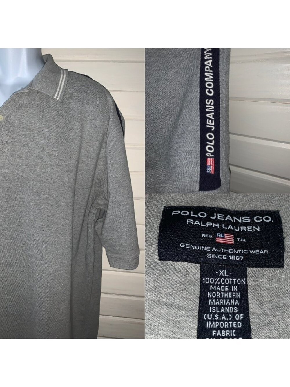 VTG Polo Jeans Co Ralph Lauren Sz XL 90s Polo Shirt S/S Pique Knit Gray EUC
